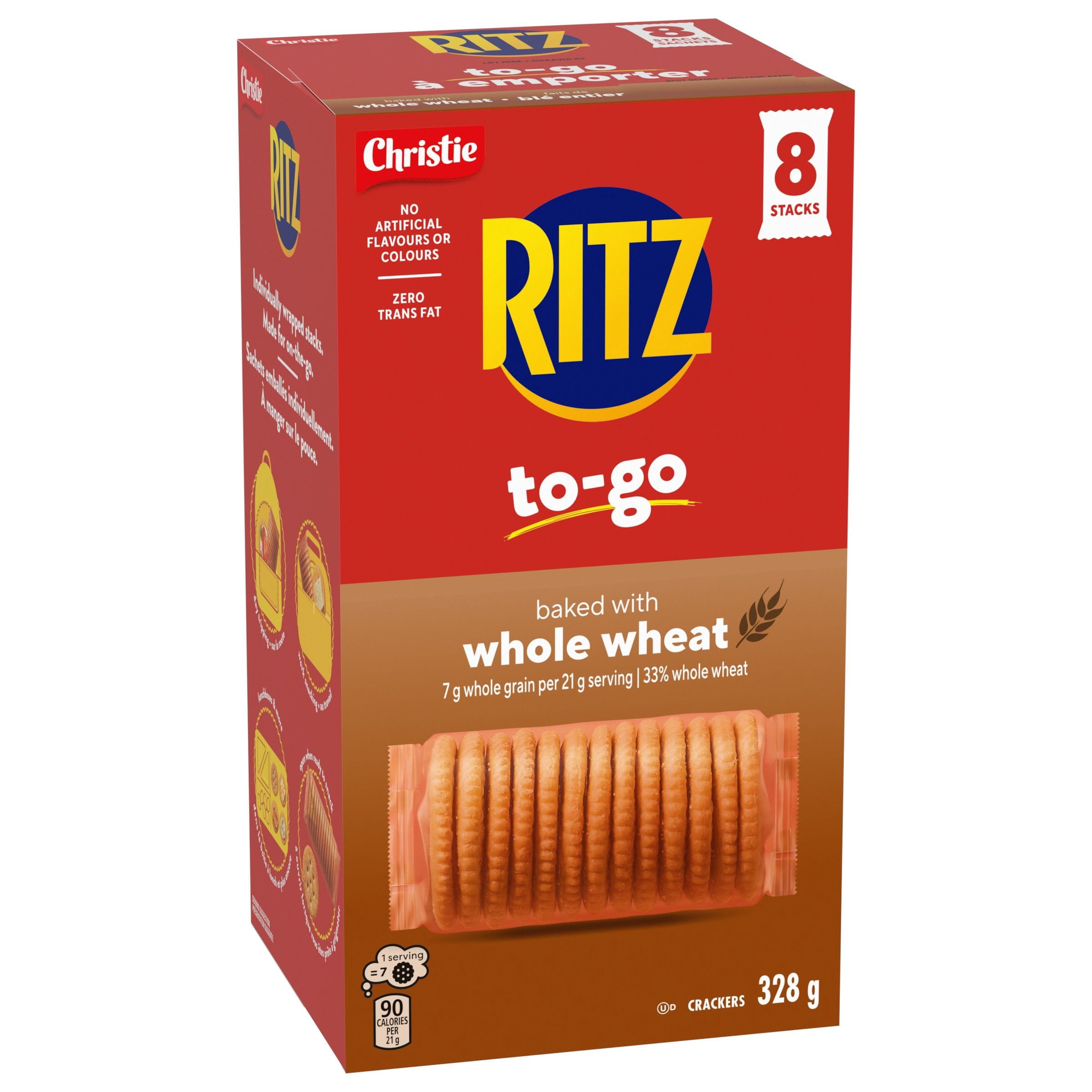 RITZ à Emporter Craquelins Faits de Blé Entier, Lot de 8 Piles de Craquelins Emballées Individuellement, Format Portatif, Collation Pratique à Emporter, Collation pour la Boîte à Lunch & Collation de Voyage 328g