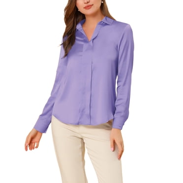 INSPIRE CHIC Women's Elegant V Neck Point Collar Long Sleeve Smooth Satin Blouse