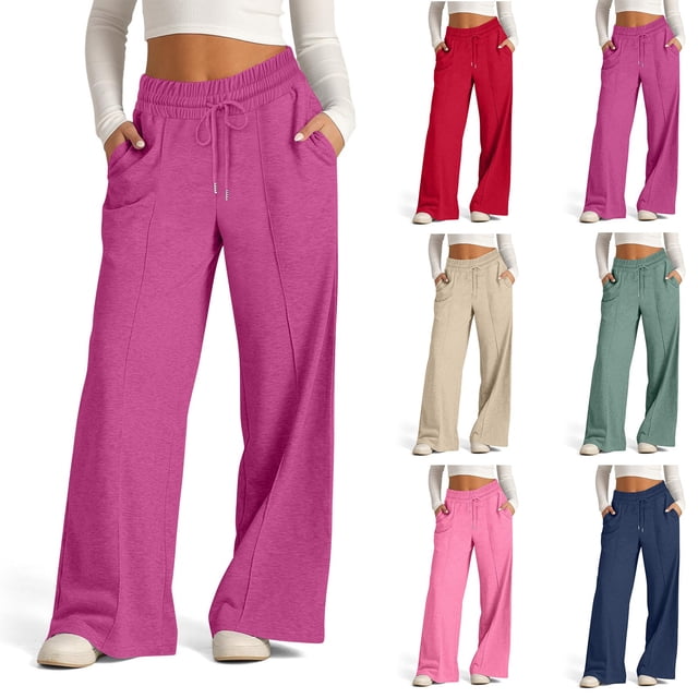 Sentmoon Straight Leg Sweatpants Plus Size Drawstring Elastic Waist Dance Pants with Pockets Loose Wide Leg Solid Color Breathable Women's Activewear Fall Fashion for Relaxing at Home L