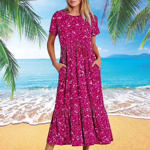 Jusqu'à 65 % de Rabais! Robes d'Été Mode pour Femmes 2024 Grande Taille Décontractées à Manches Courtes Col Ras du Cou Robe Décontractée Fluide à Étages Maxi Robe de Plage avec Poches Robe à Imprimé Brillant