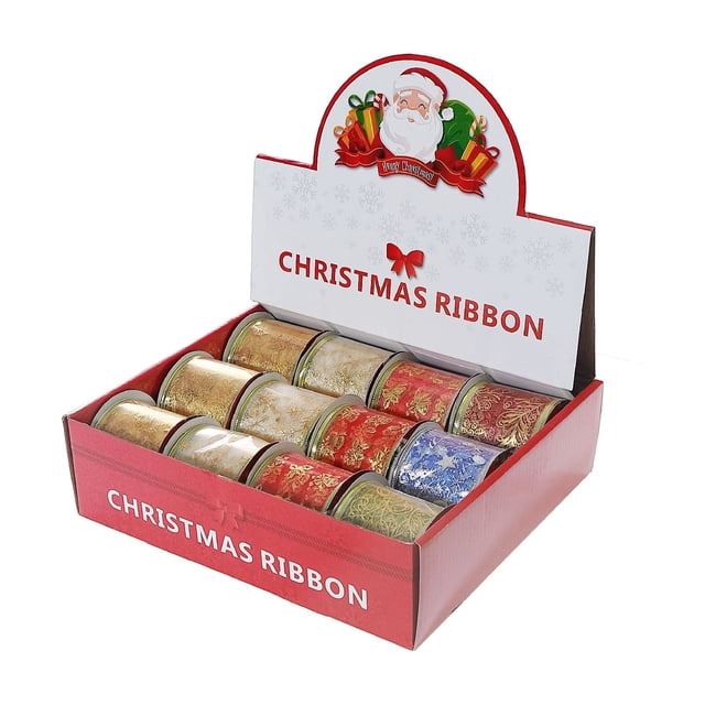 Assorted Gold Print Ribbon (2.5" X 3 Y) (12/Pdq) - Set of 12 rolls in a red and white box labeled Christmas Ribbon with a Santa Claus graphic, showing multicolored festive ribbons in gold, red, white, and blue with wired edges, suitable for holiday crafts, gift wrapping, wreath making, and floral arrangements.