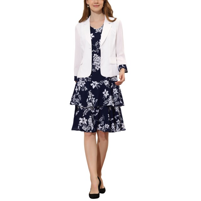INSPIRE CHIC Robe et Veste pour Femme Ensembles 2 Pcs Robe Sans Manches en Mousseline à Fleurs et Veste à Panneaux Contrastants TG Bleu
