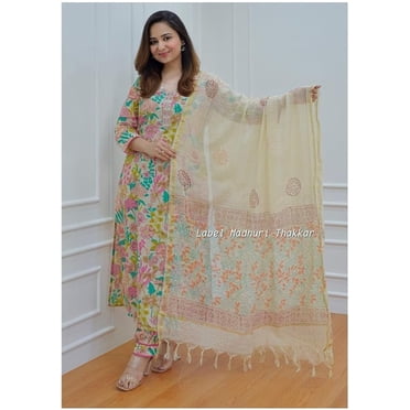 Aizza Trends Ensemble Kurti Droite Imprimée en Tissu de Coton pour Femmes avec Pantalon Afghan et Dupatta