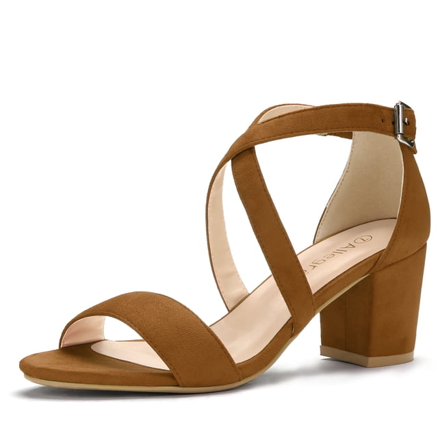 BLISSFUL STEP Women's Solid Color Open Toe Cross Strap Mid Chunky Heel Sandals featuring a faux suede vamp, adjustable ankle strap with buckle closure, and a padded insole for comfort. The sandals have a non-slip rubber outsole and a 2.5-inch mid block heel. Shown in a solid brown color, these sandals are ideal for parties, office wear, casual outings, and special occasions like Halloween or Christmas.