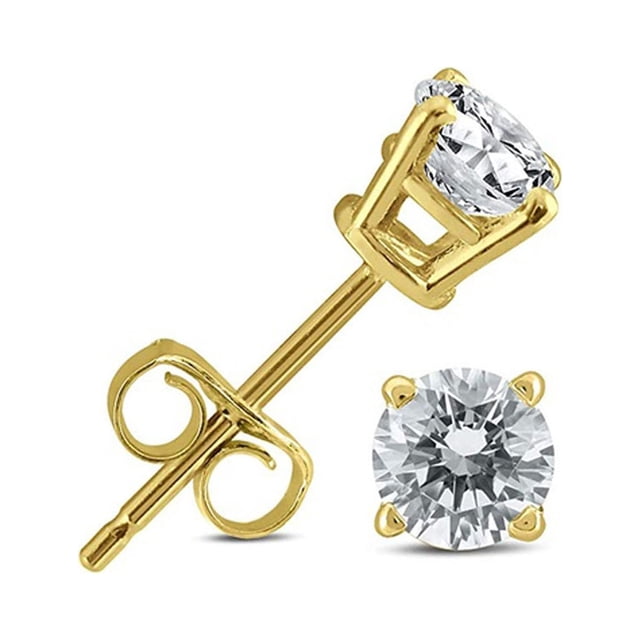 14K Yellow Gold 1 Carat 4 Prong Solitaire Round Created Diamond Stud Earrings featuring a brilliant round white created diamond in a prong setting. The earrings include push-back closures and are designed for women. Elegantly gift boxed, they are ideal for formal and casual occasions or as a timeless jewelry gift.