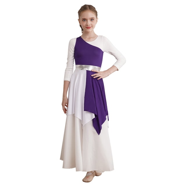 Jhaoyu Robe de Danse Asymétrique pour Filles Enfants, Robe de Prière Liturgique à Blocs de Couleur Violette 6