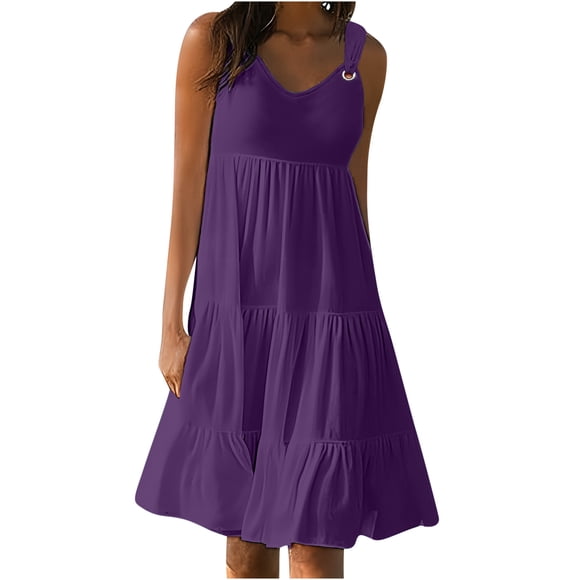 QIPOPIQ Robe T-Shirt Évasée Décontractée d'Été pour Femme, Sortie de Plage, Robe Débardeur Unie à Volants avec Poches, Liquidation