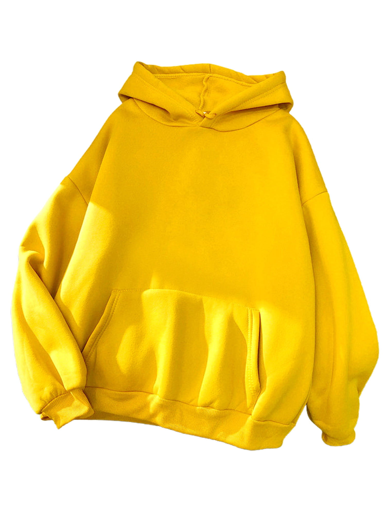 Innerwin Hoodies Fleece Women Sweatshirt Sport Solid Color Loose Fit Hooded Tops Yellow M