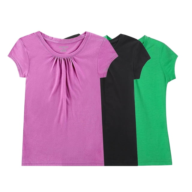 Bienzoe Girl's Breathable Quick-Dry T-Shirt Pack-G 4/5 featuring a set of three short-sleeve T-shirts in purple, black, and green. Each shirt has a round neck with decorative pleats and is made from a soft, breathable cotton blend fabric with moisture-wicking and quick-drying properties. Suitable for girls aged 3-13 years, ideal for school uniforms or casual wear.