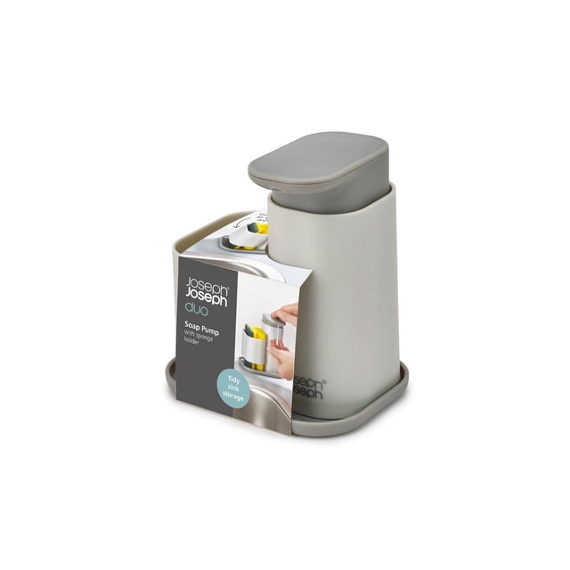 Joseph Joseph DUO Soap Pump & Sponge Holder in matte grey and light grey, featuring an easy-push pump head and ventilated sponge holder for quick drying, designed for organized sink storage and shown with packaging on a white background.