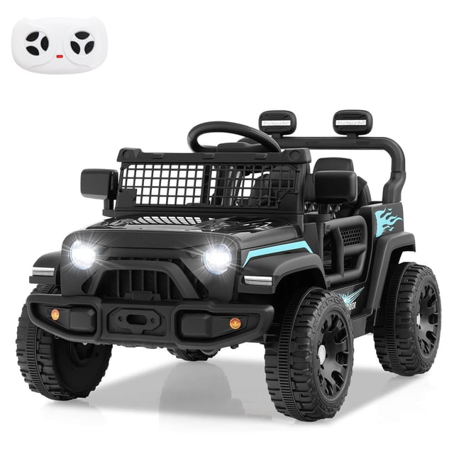 Costway 12V Kids Ride on Truck Car Battery Powered Electric Vehicle with Remote Control in black. The toy car features a rugged design with bright LED headlights, foldable rearview mirrors, and a spacious seat with an adjustable safety belt. It is equipped with dual 25W motors, a 12V battery, and rear-wheel shock absorbers for a smooth ride on various terrains. The vehicle includes lockable doors, a music system, and a horn for added fun. A white remote control is also shown, allowing parents to operate the car with three speed options and an emergency brake feature.