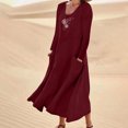 thumbnail image 1 of Meichang Robes d'Été Décontractées pour Femmes, Robes Maxi Évasées en Coton et Lin, Manches Longues, Encolure Dégagée, Robes à Imprimé Pissenlit, Robes Amples en Lin avec Poches, Bourgogne G, 1 of 5