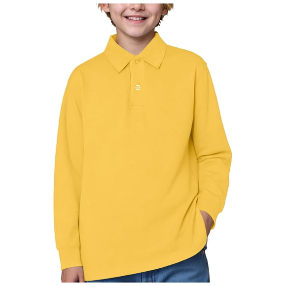 Wxirdiow Kids Dress Shirts Boys Toddler Baby Polo Shirt Long Sleeve Collared Button Down Casual Tops for Boys Girls Infant Plain Base Layer Pullover T-Shirts Yellow Size,11-12 Years