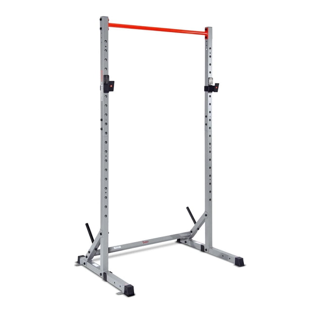 Sunny Health & Fitness Squat Rack Stand for Bench Press with heavy-duty steel frame, 18 adjustable j-hook heights, and a bright orange 3-level pull-up bar, designed for compact home gym strength training and suitable for resistance band workouts.