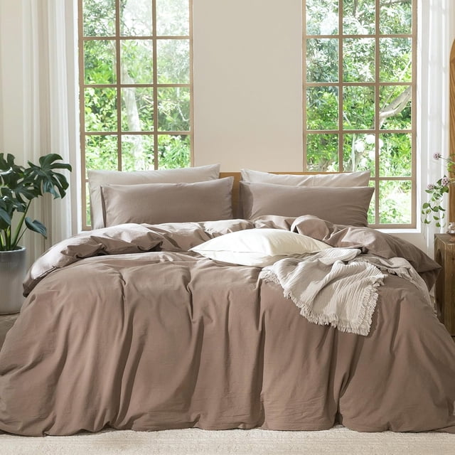 Bedding Duvet Cover Set Washed Cotton Linen Like Textu Breathable Durable Soft Comfy (Tannish Linen Grey Queen)