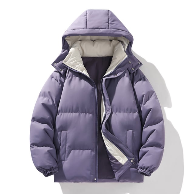 Maqroz Men's Padded Jacket with Hood Full Zip Stand Collar Coat Winter Thermal Solid Color Outerwear with Pockets Fashion Fall Winter Quilted Coats