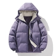Maqroz Men's Padded Jacket with Hood Full Zip Stand Collar Coat Winter Thermal Solid Color Outerwear with Pockets Fashion Fall Winter Quilted Coats