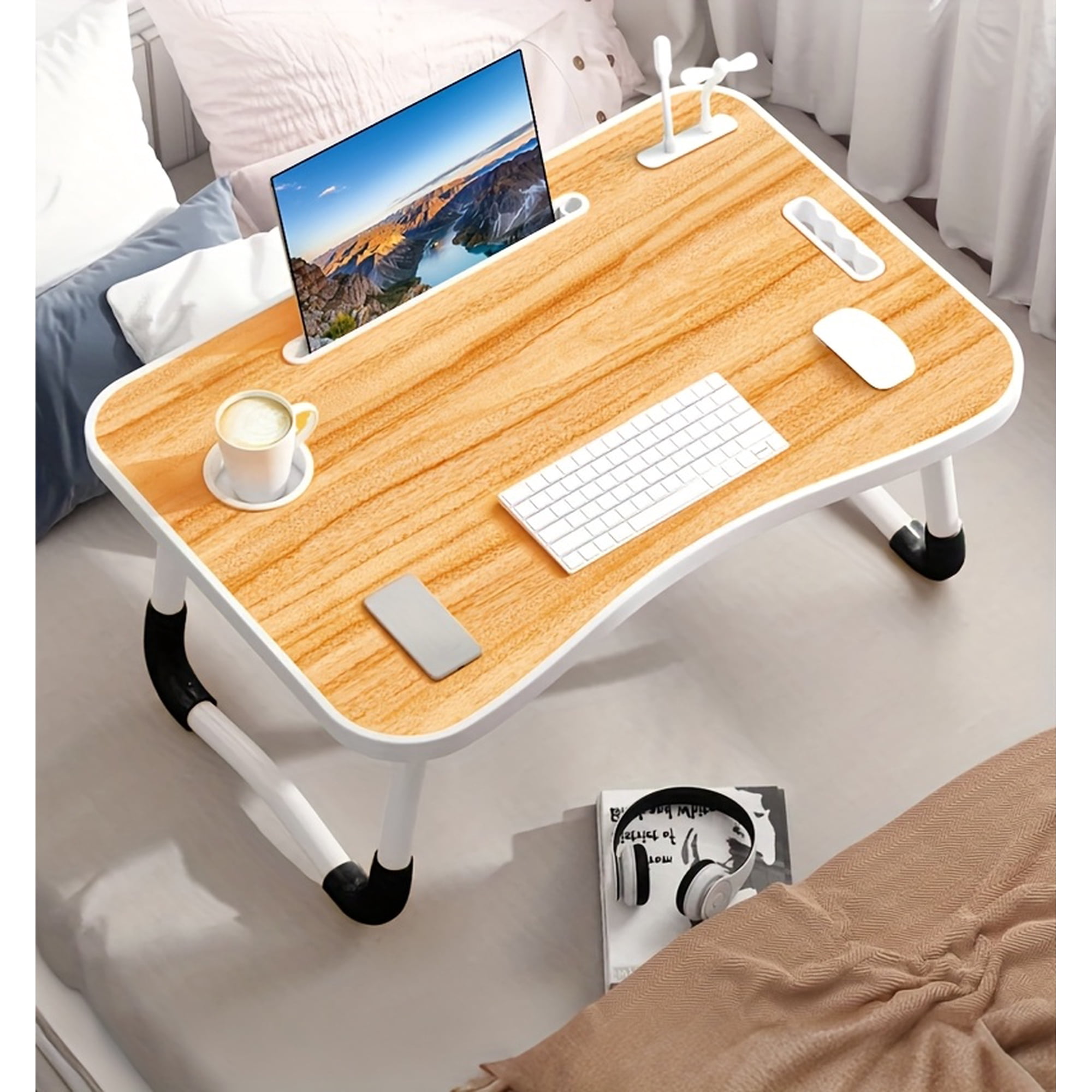 Bureau-lit pour Portable Super Portable avec Porte-Gobelet et Tiroirs, Support de Plateau Multifonction avec Ventilateur USB et Lumière, Convient pour Manger, Lire et Écrire sur le Lit, au Sol du Sofa