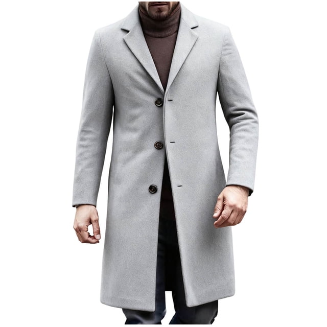 Lovzfmll Men's Wool Trench Coat Notched Lapel Button Front Pockets Long Gray, L