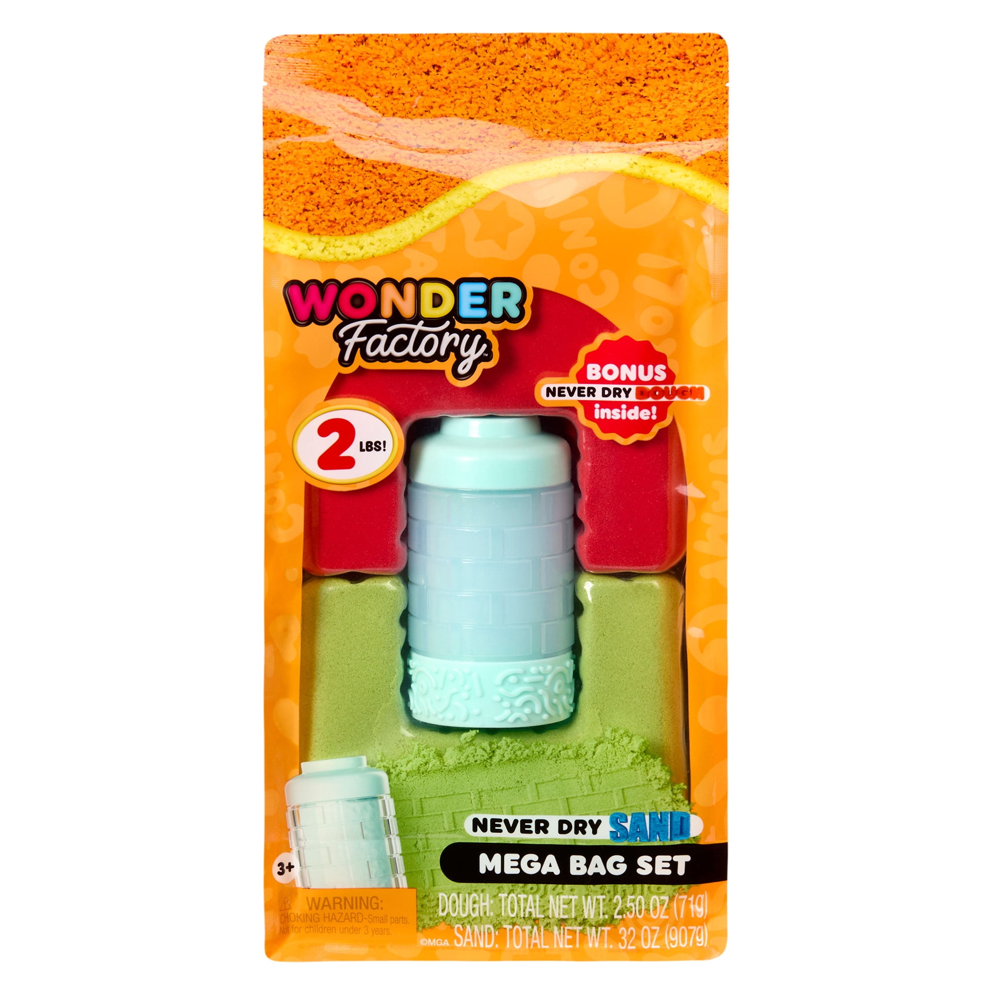 Wonder Factory Never Dry Sand Bag with Never Dry Dough- Red + Lime Green Sand with Light Blue Dough