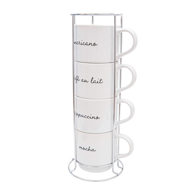 HomeTrends 4 pc stackable mugs with silver metal stand showing four white ceramic mugs stacked vertically in a slim silver metal frame, each labeled with coffee names Americano, café au lait, cappuccino, and mocha in black script. The mugs are dishwasher and microwave safe, ideal for space-saving kitchen storage.