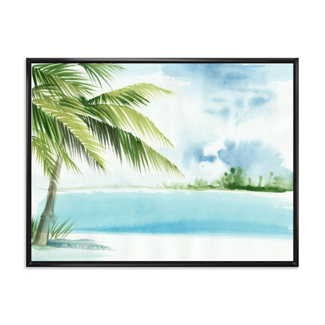 Designart Palm Beach Resort At Dawn I FLOAT FRAME WALL ART depicting a watercolor coastal scene with green palm leaves on the left, calm blue ocean waters, and a soft blue sky with clouds, printed on premium cotton canvas with fade-resistant inks, gallery-wrapped and set in a black floating frame, ready to hang and suitable for nautical-themed home décor.
