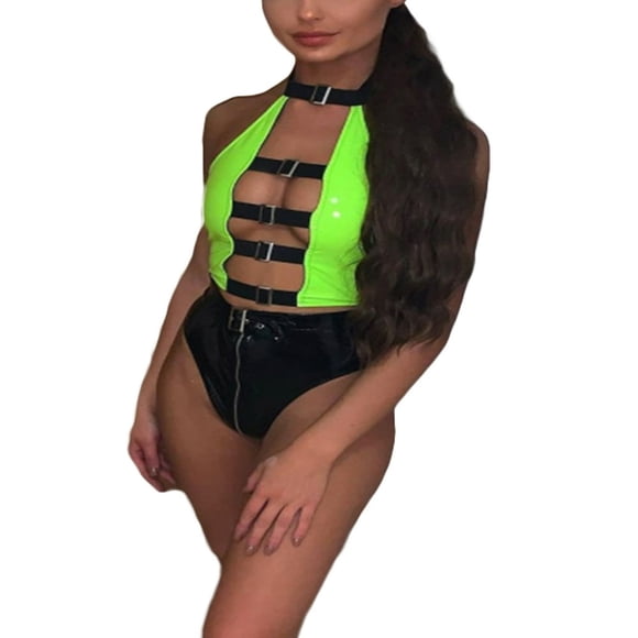 PU Leather Buckle Sexy Crop Top Women Club Wear Rave Outfit Festival Clothing Backless Halter Tank Tops Spring Summer