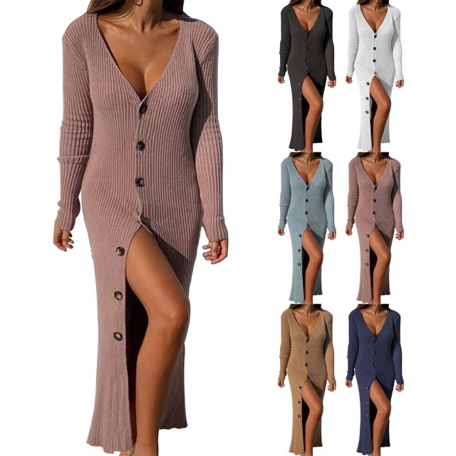Womens Deep V Neck Button Down Long Knit Sweater Dress Bodycon Long Sleeves Sweater Maxi Dress