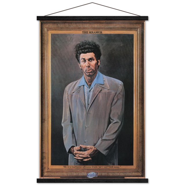 Seinfeld - Kramer Wall Poster, 22.375" x 34" featuring a framed portrait of Kramer wearing a light brown jacket over a blue collared shirt against a dark background, titled 'THE KRAMER' with a quote at the bottom, ideal for adding character to home or office walls.