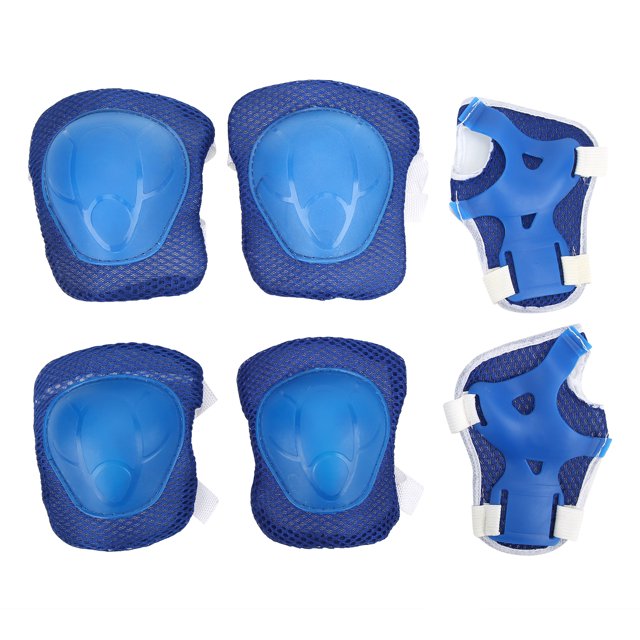 Spptty Kids Knee Pads Set Protective Gear Kit with two blue knee pads, two elbow pads, and two wrist guards made of durable PVC and soft sponge material. This child safety gear is designed for impact resistance and protection during activities like biking, skateboarding, roller skating, and balance biking. Features adjustable elastic bands and includes a mesh storage bag.