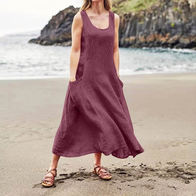 Ovzne Robes pour Femmes Robe d'Été Mode d'Été pour Femmes Décontractée Couleur Unie Sans Manches Col Rond Robe avec Poches Jupe Robe de Printemps Liquidation