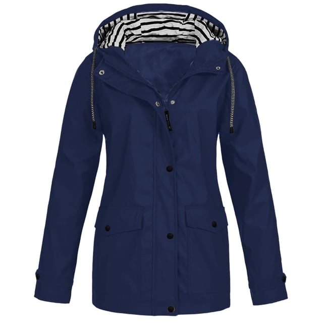 Women Solid Rain Jacket Outdoor Plus Size Waterproof Hooded Raincoat Windproof