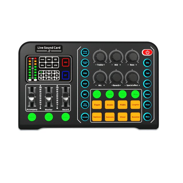 Baohd DJ Mixer Sound Mixer Board with a compact design featuring multiple control knobs, sliders, and buttons for live sound adjustments. Includes six live broadcast modes, intelligent noise reduction, and Bluetooth 5.0 compatibility for wireless accompaniment. Equipped with a condenser microphone input, cardioid pointing characteristics, and a built-in battery capacity of 1200-2000 mAh. Suitable for home computer recording and live performances.
