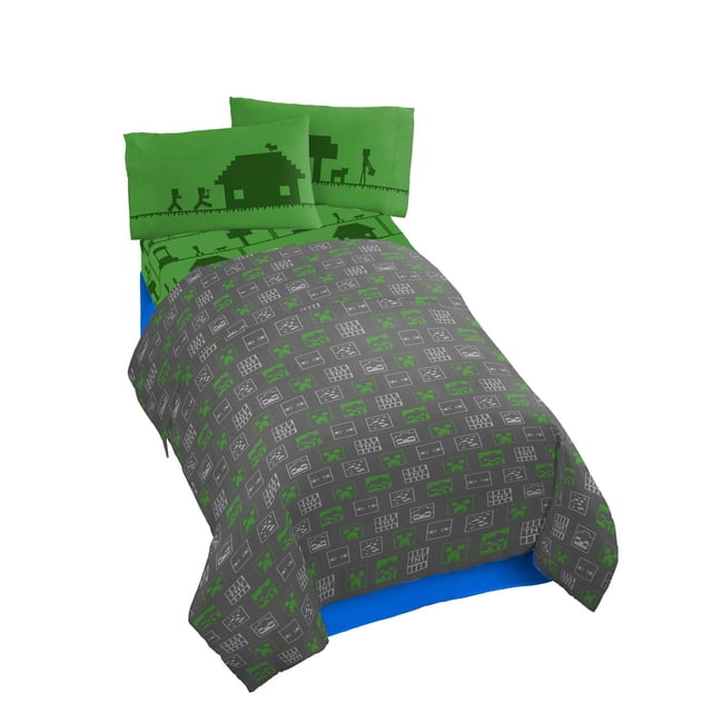 Minecraft 4-Piece Full Sheet Set made of 100% polyester includes a green flat sheet and two pillowcases with pixelated Minecraft characters and house design, plus a gray comforter with green and white Minecraft block patterns, suitable for kids' bedding and easy machine washable care.