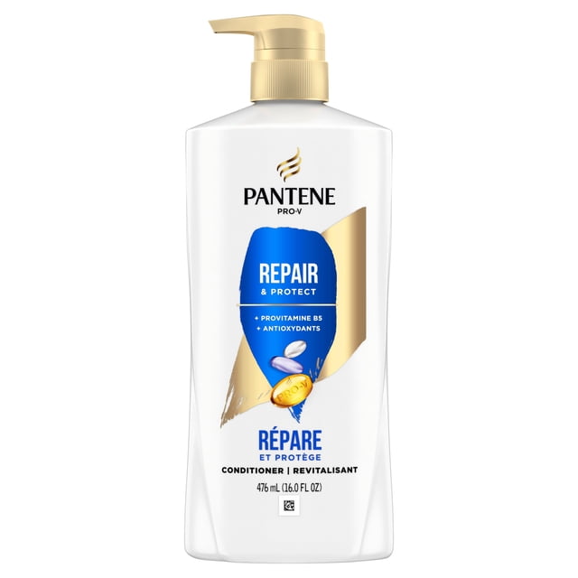 Pantene Pro-V Repair & Protect Conditioner in a white 476 mL (16 fl oz) bottle with a gold pump dispenser, featuring blue and gold label accents highlighting provitamin B5 and antioxidants to nourish and protect damaged hair for long-lasting hydration.