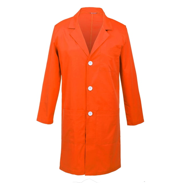 Men's lab coat in a vibrant orange color, featuring a notched collar, vented back, and three pockets—two patch pockets and one chest pocket. Made from a blend of 65% polyester and 35% cotton, this workwear coat is designed for durability and comfort. The coat is fastened with white buttons down the front.