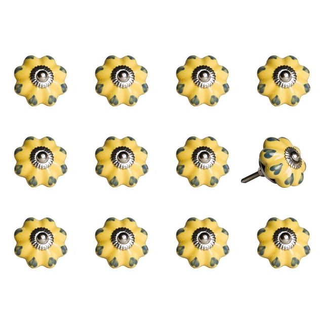 KNOB-IT vintage handpainted ceramic knobs 12-pack arranged in rows on white, each flower-shaped knob with yellow petals and green teardrop accents, featuring a central silver metal bolt with decorative round base, one knob angled to show the 1.25-inch bolt trimmed for cabinet and drawer hardware, suitable for adding vintage charm to furniture.
