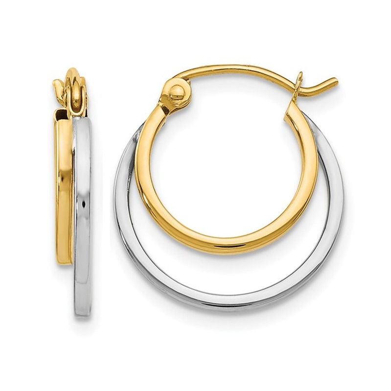Boucles d'Oreilles Doubles en Or Jaune et Blanc 14K