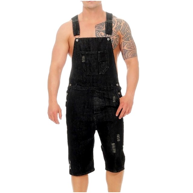 Pisexur Men Casual Fashion Solid Breast Pocket Denim Ripped Shorts Straight Type Overalls