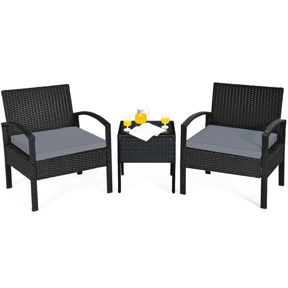 Patiojoy Ensemble de Patio 3 Pcs Mobilier d'Extérieur en Osier Rotin avec Coussins Gris