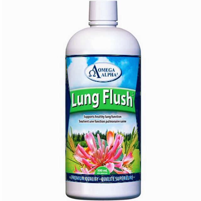 Omega Alpha Bouteille de 500 ml pour Affleurer les Poumons avec un Bouchon Blanc et une Étiquette Vibrante Mettant en Vedette une Fleur Rose et un Feuillage Vert. l'Étiquette Met en Valeur « Soutient une Fonction Pulmonaire Saine » et Comprend un Texte Bilingue en Anglais et en Français. Convient à la Promotion d'Une Fonction Pulmonaire Normale Basée sur les Principes de la Médecine Traditionnelle Chinoise (TMC).