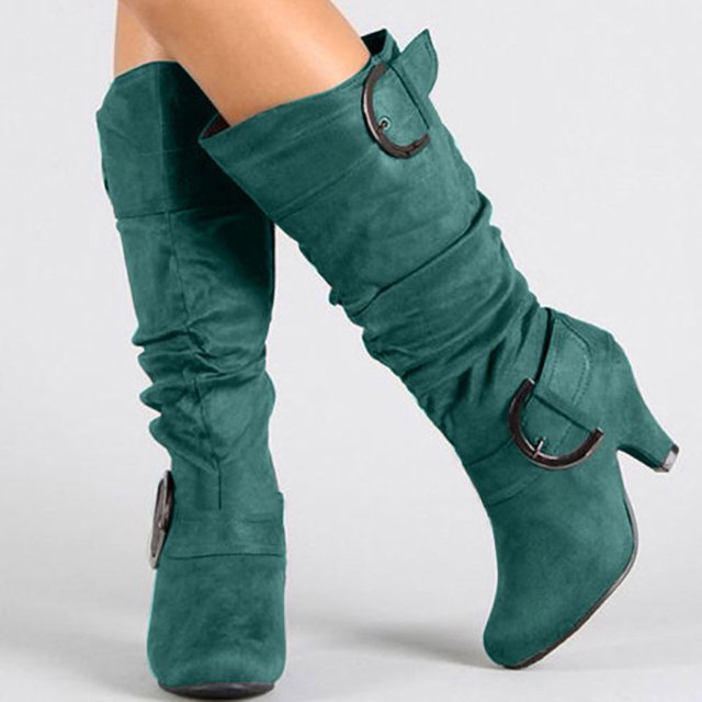 LSLJS Women's Winter Warm High Heel Straight Leather Belt Buckle Suede Thick Heel Knight