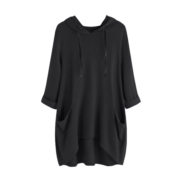 hotojiny Plus Size Spring Clothes for Women Soft High-Low Long Sleeve Rolled Sweatshirt Oversized Lightweight Hooded Drawstring Pullover