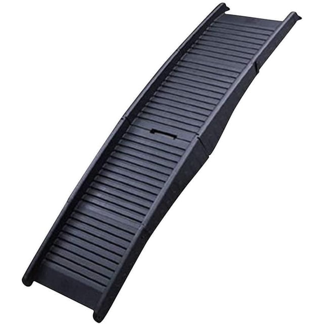 Cool Runners Pet Ramp, a 62-inch long and 16-inch wide black plastic ramp with nonslip coating, raised safety rails, and foldable design for easy storage, supporting dogs up to 150 lbs and aiding pets with arthritis or knee problems.