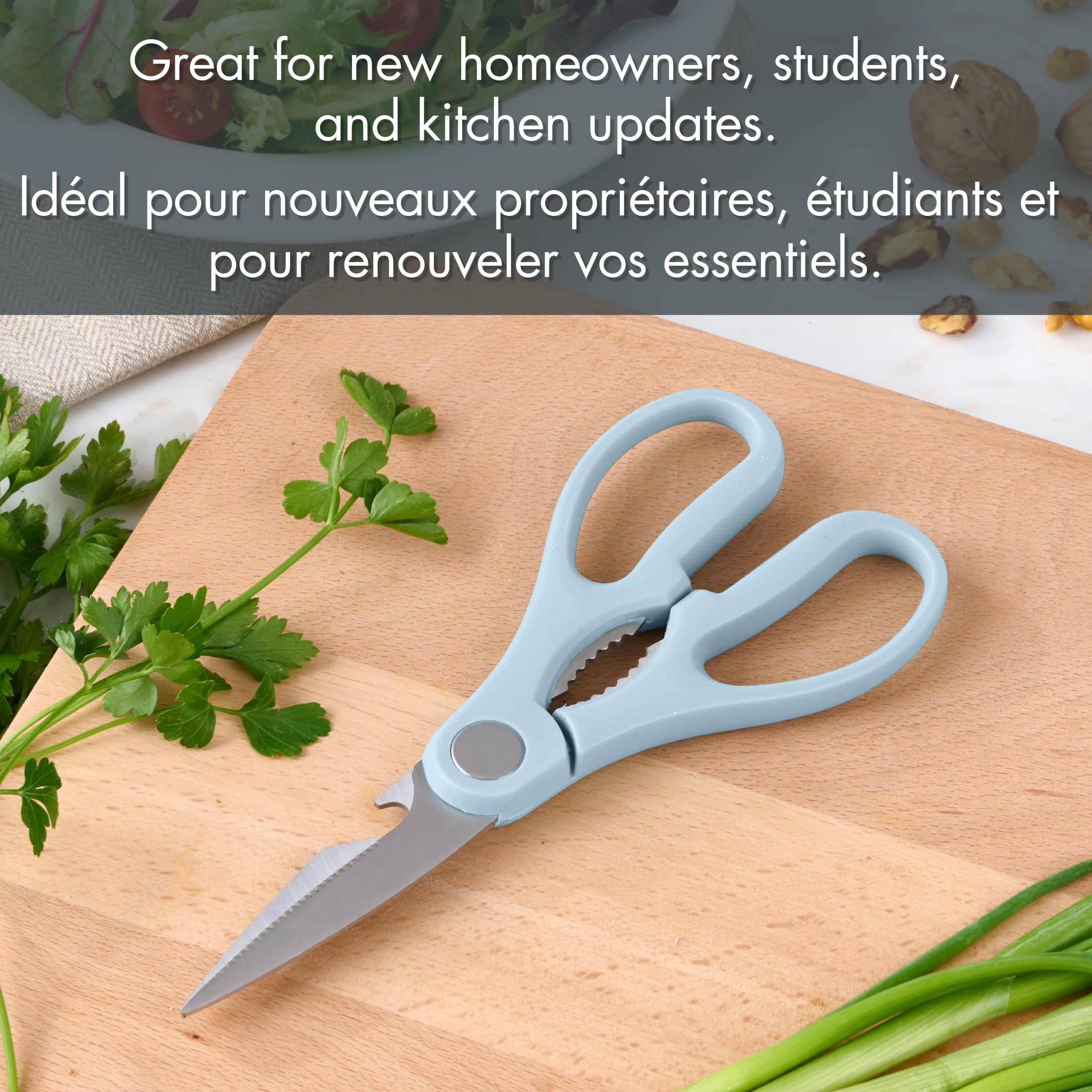 Ciseaux de cuisine Mainstays avec lames en acier inoxydable, décapsuleur et casse-noix intégrés, 19 cm, Bleu