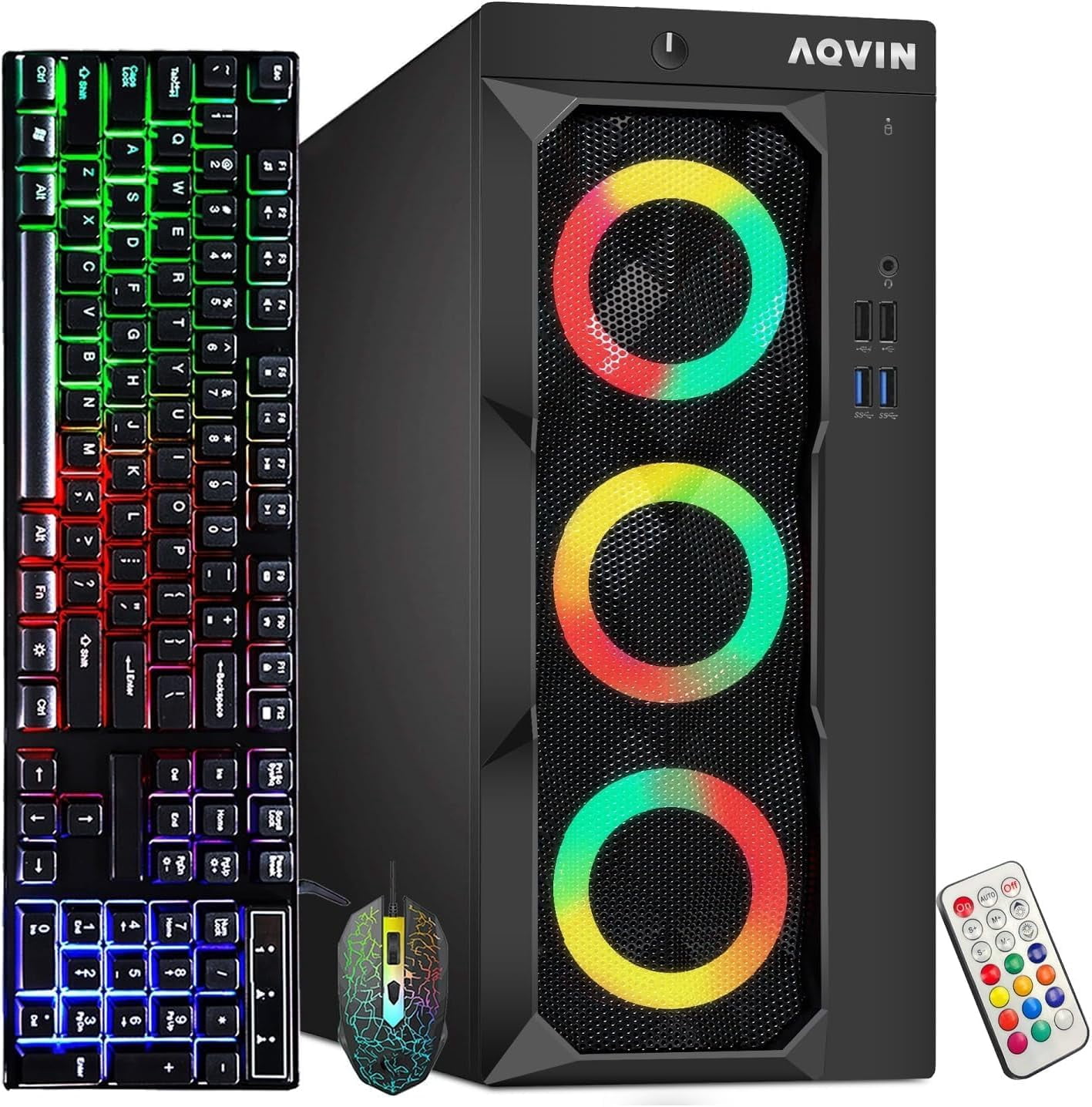 AQVIN RGB Desktop PC Tower, Intel Core i5 Processor 16GB RAM 256GB SSD WiFi Bluetooth, 4K Support HDMI DisplayPort, Windows 11 Pro Refurbished