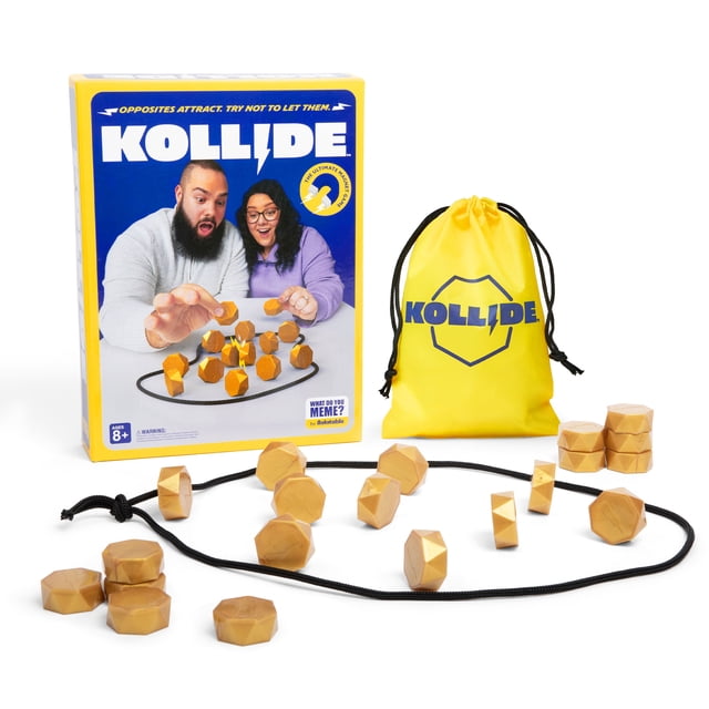 Kollide par What Do You Meme? Jeu de Stratégie Magnétique pour 8 Ans et Plus avec des Pièces Magnétiques Géométriques Beige Disposées à l'Intérieur d'Une Bordure de Corde flexible Noire, un Sac à Cordon Jaune avec logo Kollide, et la Boîte de Jeu Montrant les Joueurs Plaçant des Aimants, Idéal pour un Plaisir Rapide en Famille et Lors de Fêtes.
