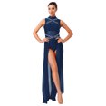 thumbnail image 1 of renvena Costumes de Danse Lyrique pour Femmes Sans Manches à Col Roulé Dos Nu Robe Maxi en Maille Tulle Bleu Marine P, 1 of 5