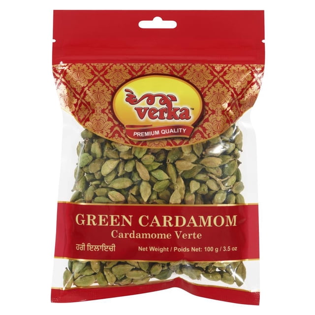 Verka Green Cardamom Whole Pods, 100g, in a clear resealable bag with red and gold decorative top and Verka logo, containing whole green cardamom pods, an aromatic spice used in Indian and South Asian cooking, desserts, and beverages.