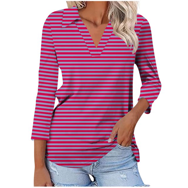 Timegard Tuniques Rayées pour Femmes Col à Revers en V Manches 3/4 T-Shirts Blouses Décontractées Mode